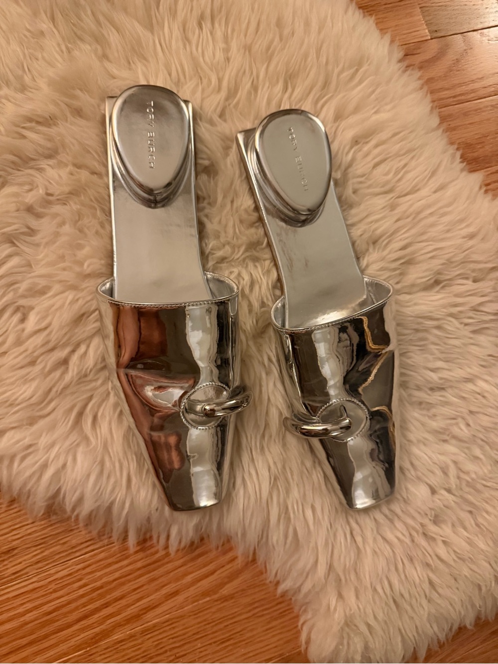 Tory Burch Metallic Silver Pierced Slip-On Mules - Picture 3 of 7